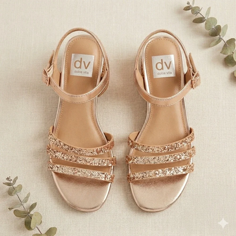 DV‎ Dolce Vita Glee Rose Gold Glitter Block Heel Sandals Girls Size 3 SF1417